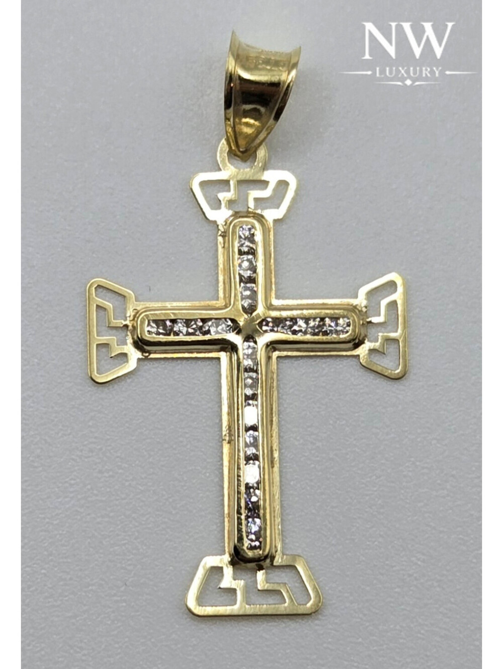 NEW 10K Yellow Gold 1in Cross Pendant, Pave CZ Stones, 3.5mm Bail